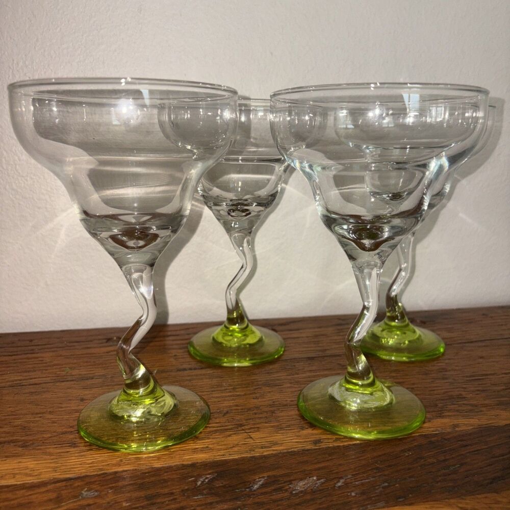 Vintage Libbey zig zag margarita glasses HAND BLOWN 10 Oz GREEN WAVE STEM 7" 4pc